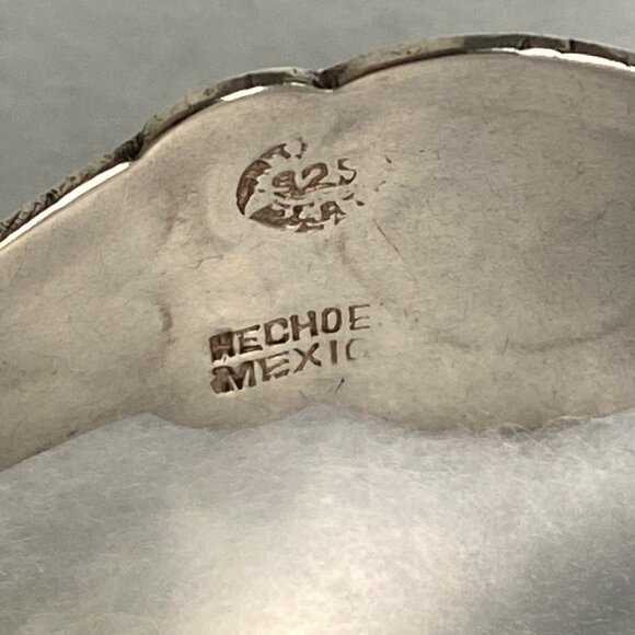 VTG Sterling Silver 925 Mexico Crushed Stone Aztec Cuff Bracelet FLAW Sz 6.25 - Picture 9 of 16